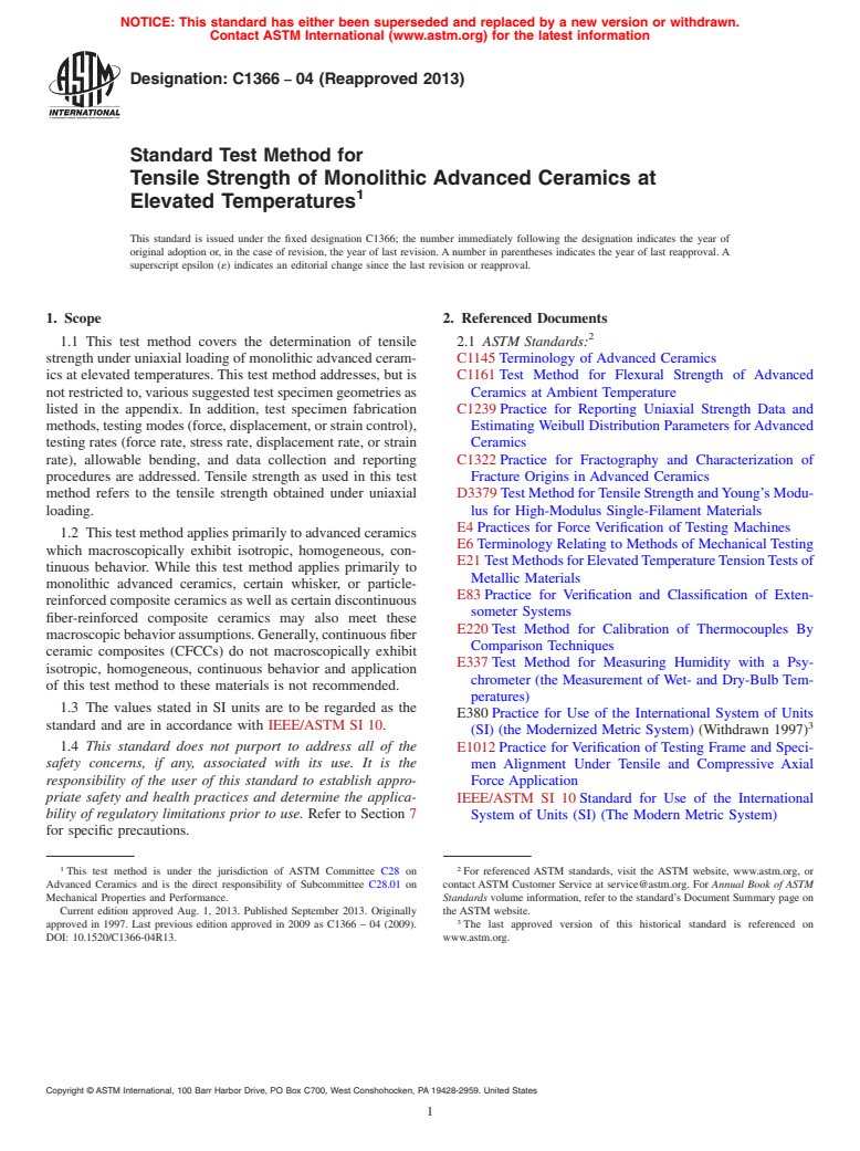 ASTM C1366-04(2013) - Standard Test Method for  Tensile Strength of Monolithic Advanced Ceramics at Elevated  Temperatures