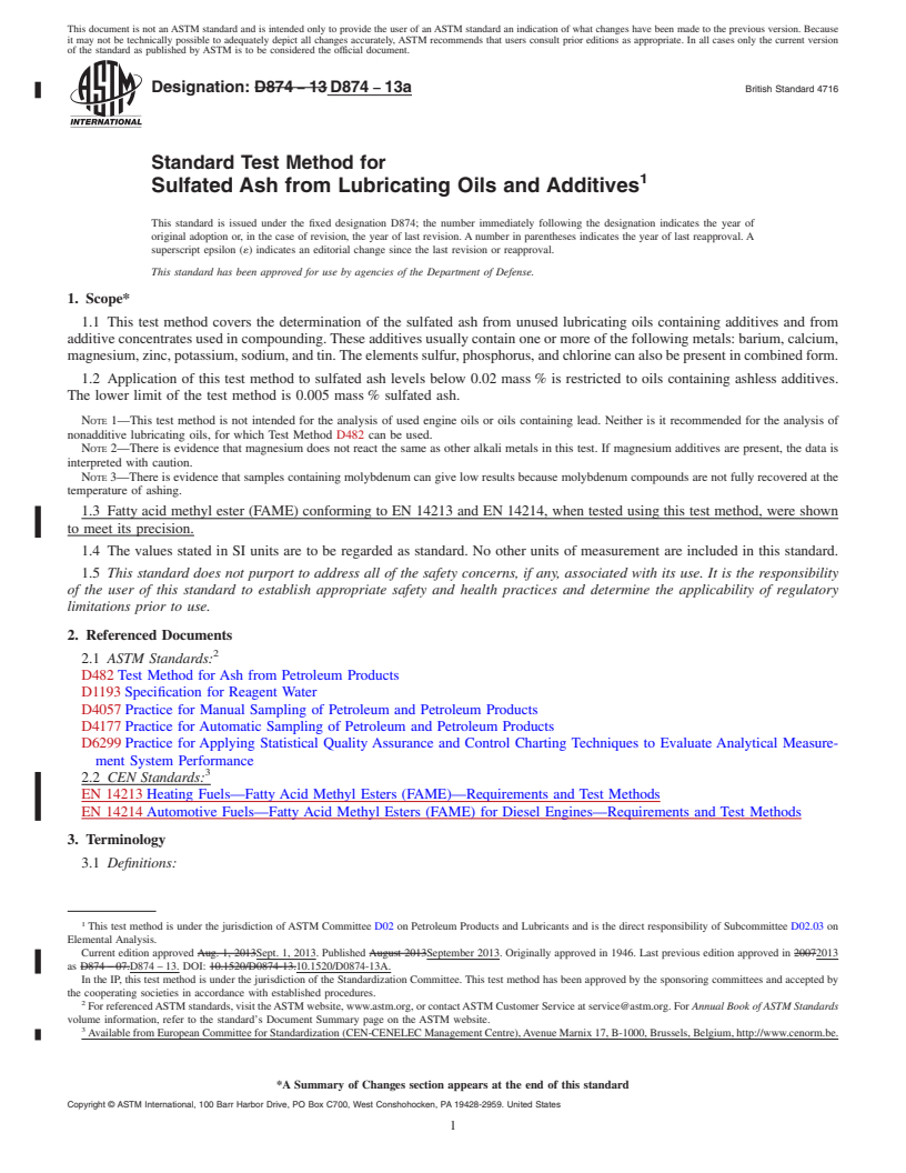 REDLINE ASTM D874-13a - Standard Test Method for Sulfated Ash from Lubricating Oils and Additives