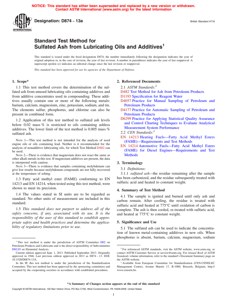 ASTM D874-13a - Standard Test Method for Sulfated Ash from Lubricating Oils and Additives