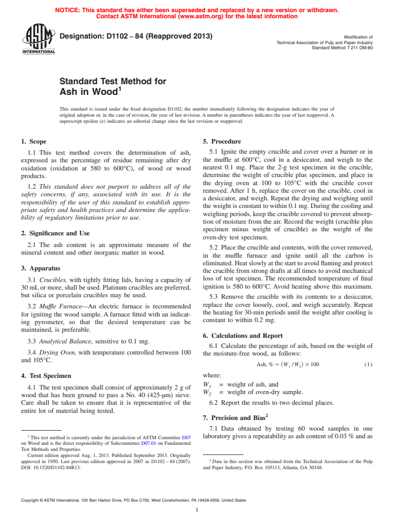 ASTM D1102-84(2013) - Standard Test Method for  Ash in Wood