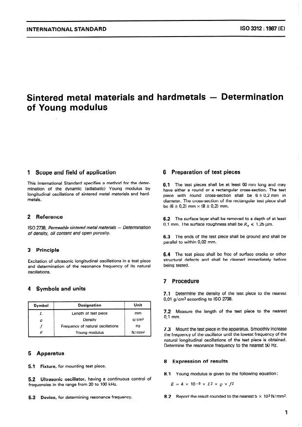 ISO 3312:1987 - Sintered metal materials and hardmetals -- Determination of Young modulus