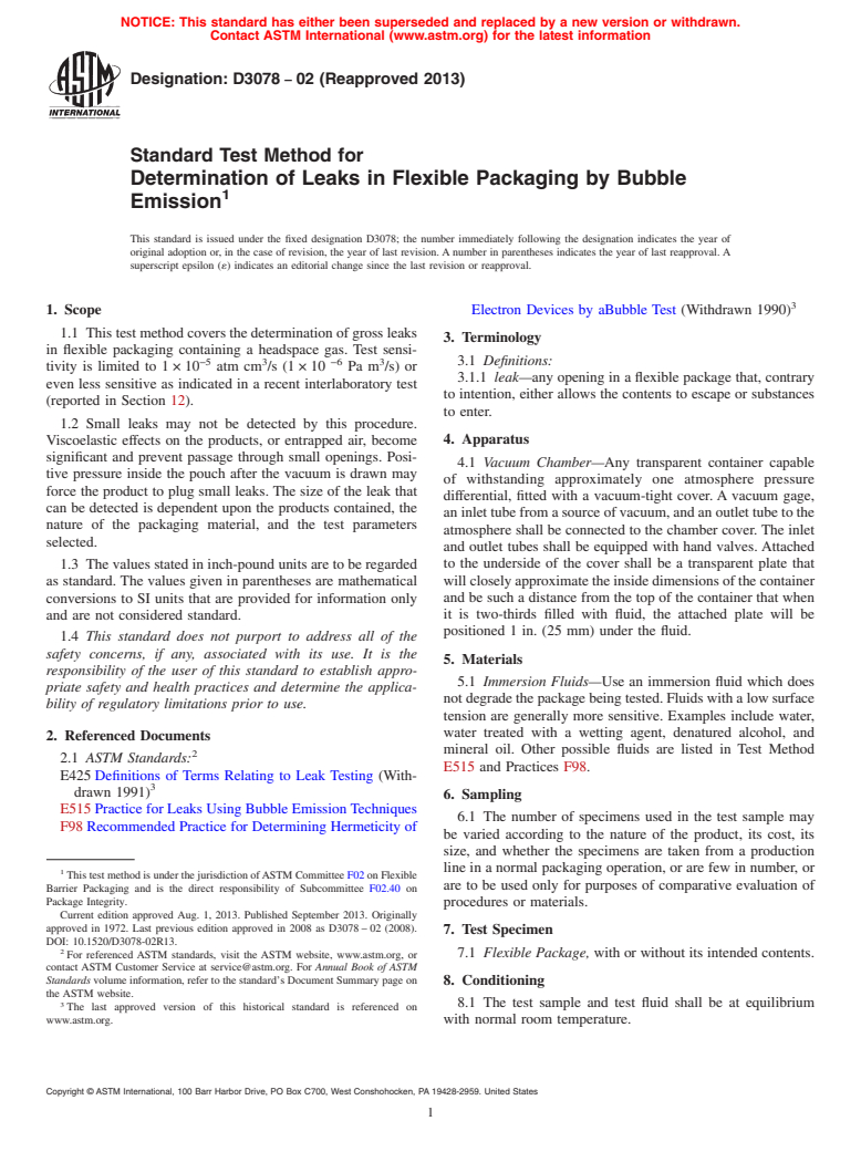 ASTM D3078-02(2013) - Standard Test Method for Determination of Leaks in Flexible Packaging by Bubble Emission