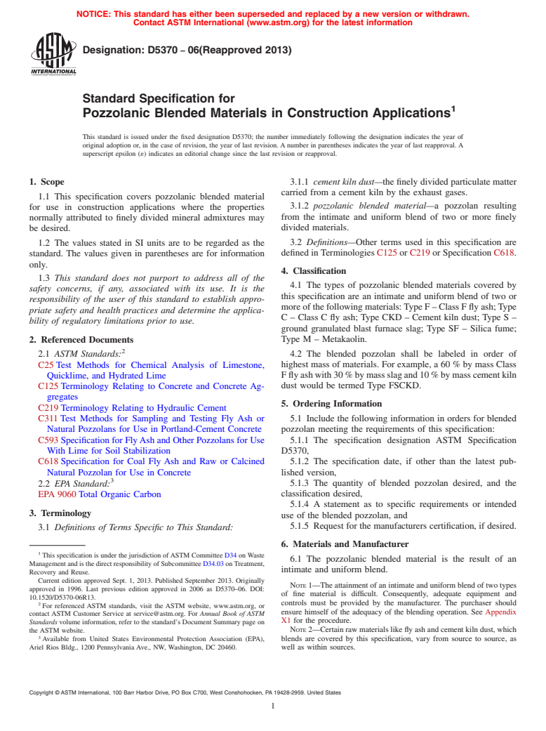 ASTM D5370-06(2013) - Standard Specification for  Pozzolanic Blended Materials in Construction Applications