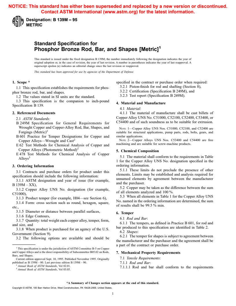 ASTM B139M-95 - Standard Specification for Phosphor Bronze Rod, Bar, and Shapes [Metric] (Withdrawn 2001)