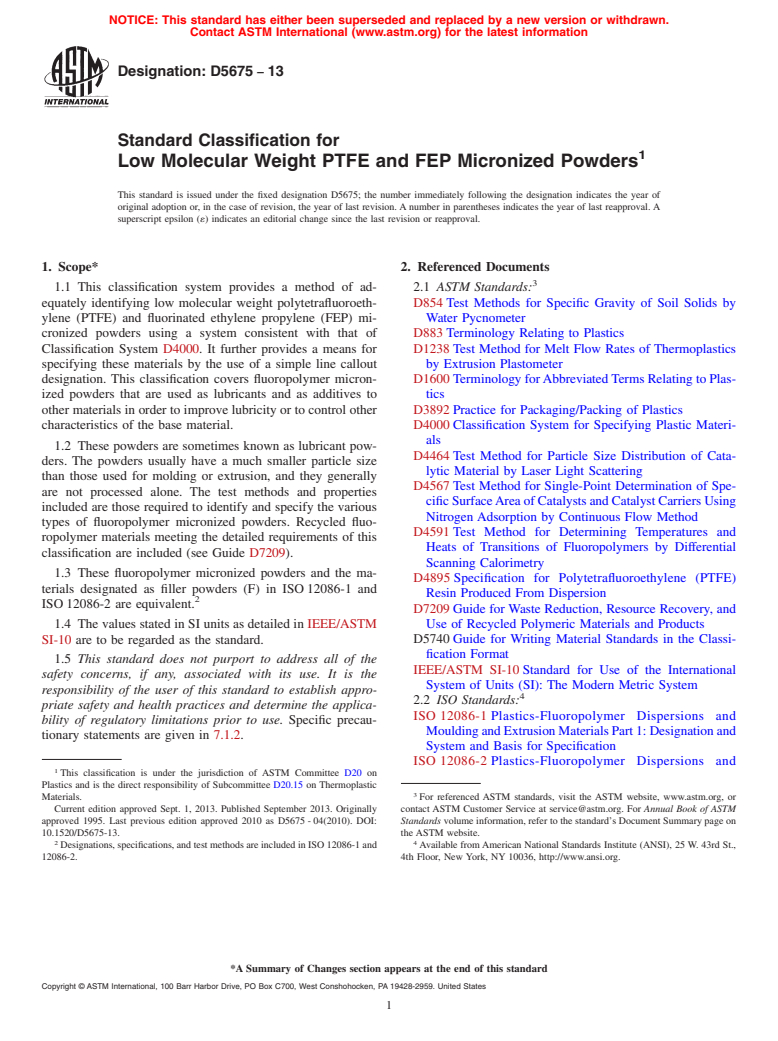 ASTM D5675-13 - Standard Classification for  Low Molecular Weight PTFE and FEP Micronized Powders