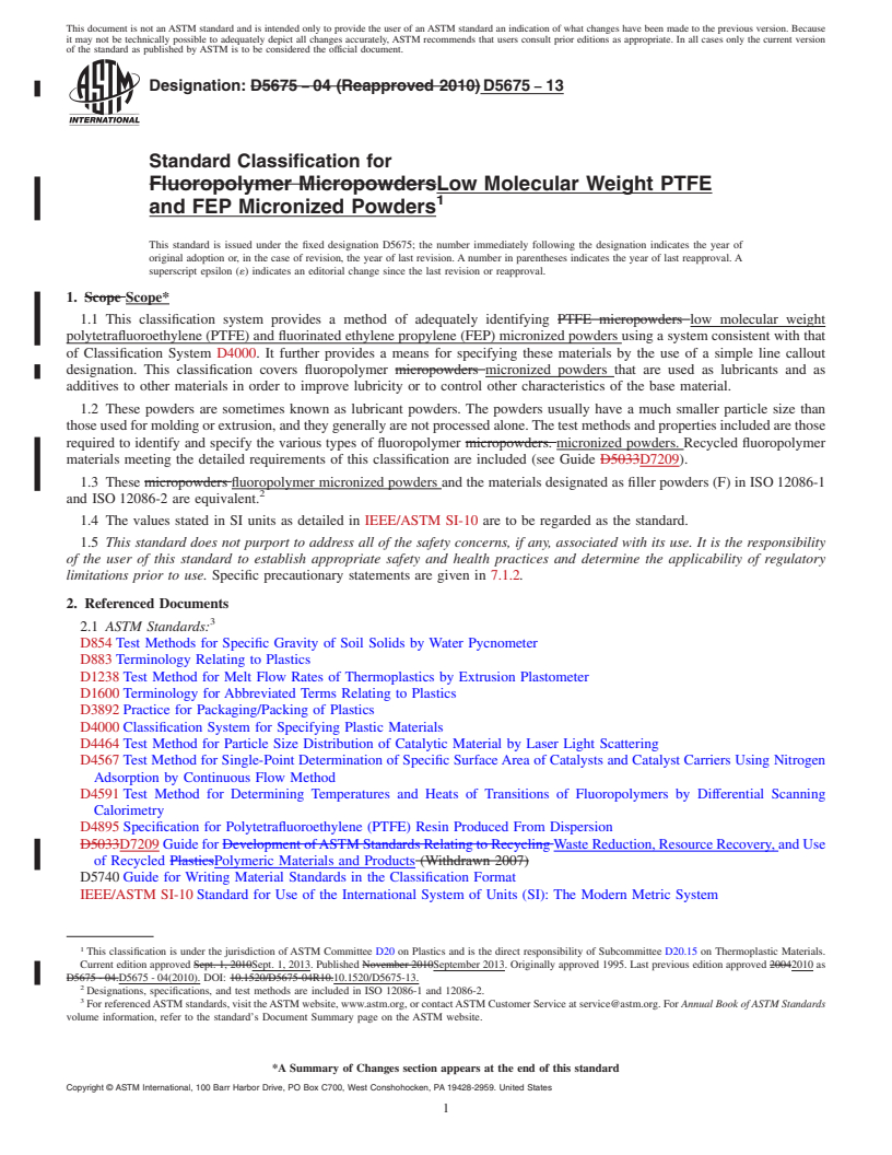 REDLINE ASTM D5675-13 - Standard Classification for  Low Molecular Weight PTFE and FEP Micronized Powders