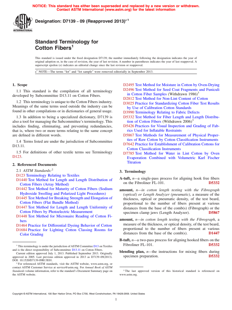 ASTM D7139-09(2013)e1 - Standard Terminology for  Cotton Fibers