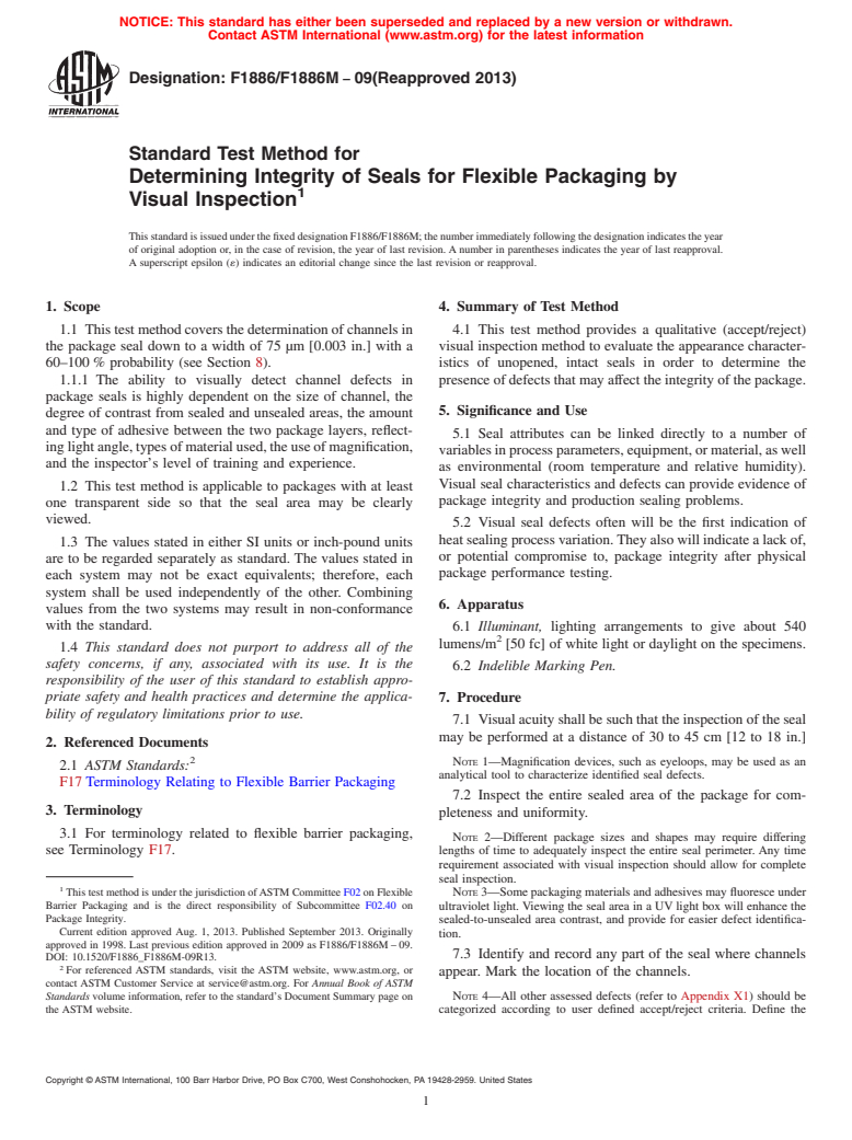 ASTM F1886/F1886M-09(2013) - Standard Test Method for  Determining Integrity of Seals for Flexible Packaging by Visual   Inspection