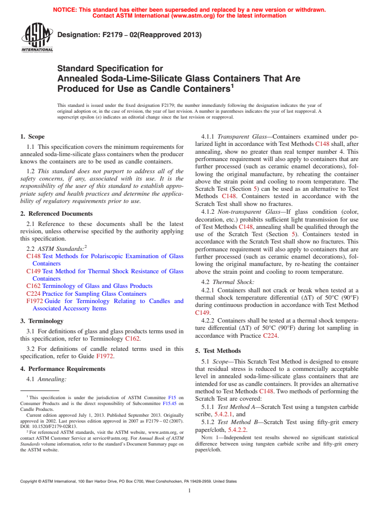 ASTM F2179-02(2013) - Standard Specification for  Annealed Soda-Lime-Silicate Glass Containers That Are Produced  for Use as Candle Containers