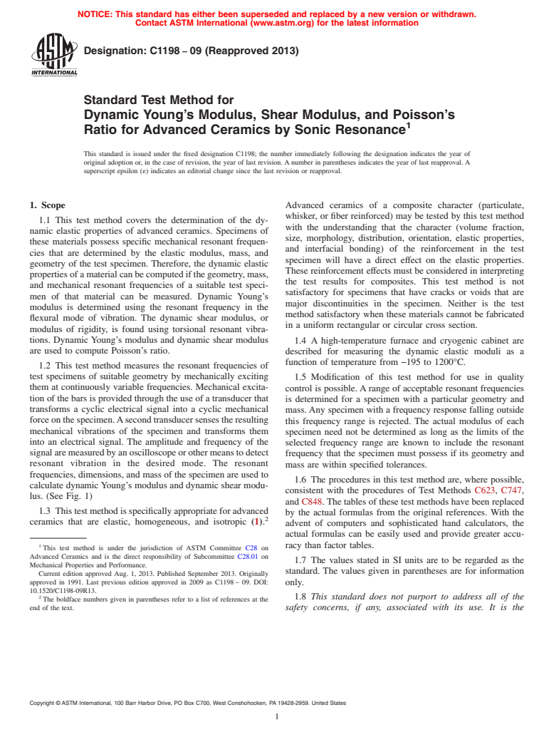 ASTM C1198-09(2013) - Standard Test Method for Dynamic Young's Modulus, Shear Modulus, and Poisson's Ratio for Advanced Ceramics by Sonic Resonance