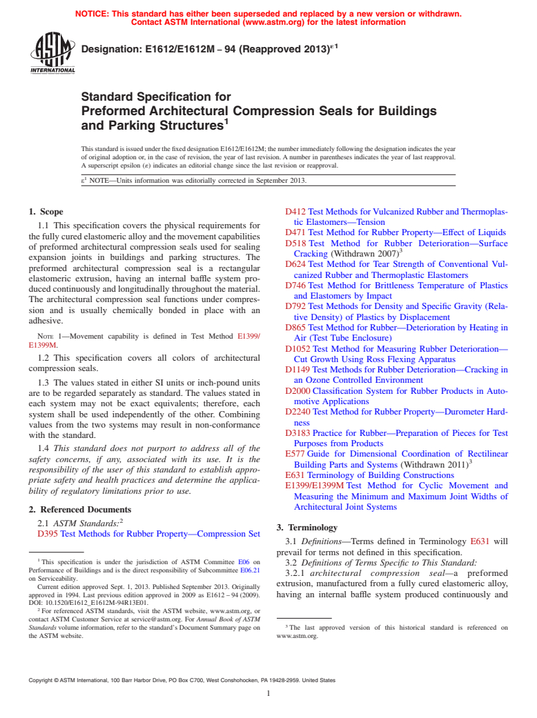 ASTM E1612/E1612M-94(2013)e1 - Standard Specification for Preformed Architectural Compression Seals for Buildings and Parking Structures