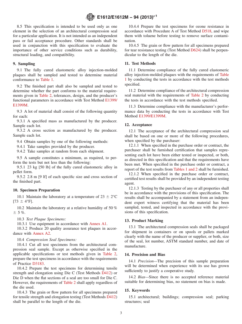 ASTM E1612/E1612M-94(2013)e1 - Standard Specification for Preformed Architectural Compression Seals for Buildings and Parking Structures