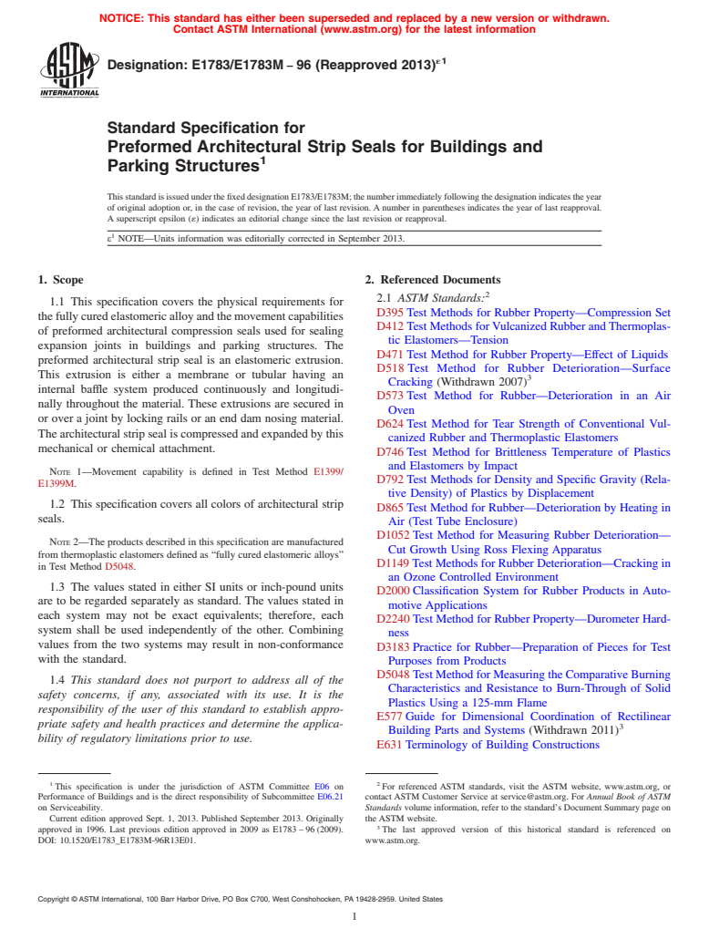 ASTM E1783/E1783M-96(2013)e1 - Standard Specification for Preformed Architectural Strip Seals for Buildings and Parking Structures