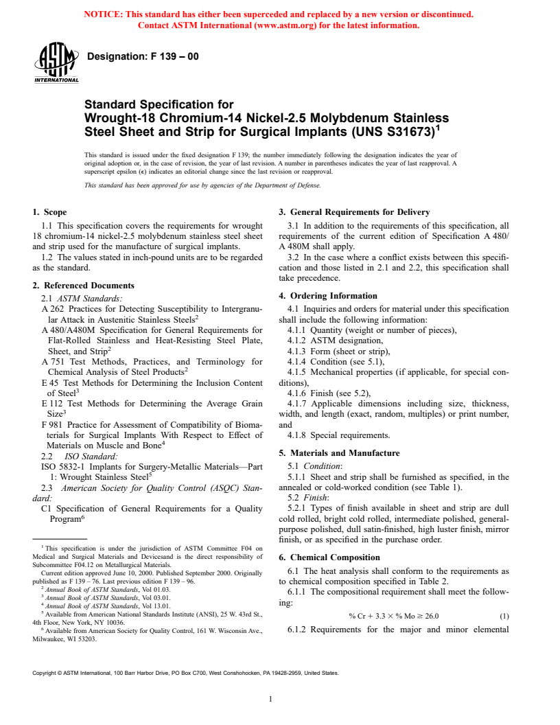 ASTM F139-00 - Standard Specification for Wrought 18 Chromium-14 Nickel-2.5 Molybdenum Stainless Steel Sheet and Strip for Surgical Implants (UNS S31673)