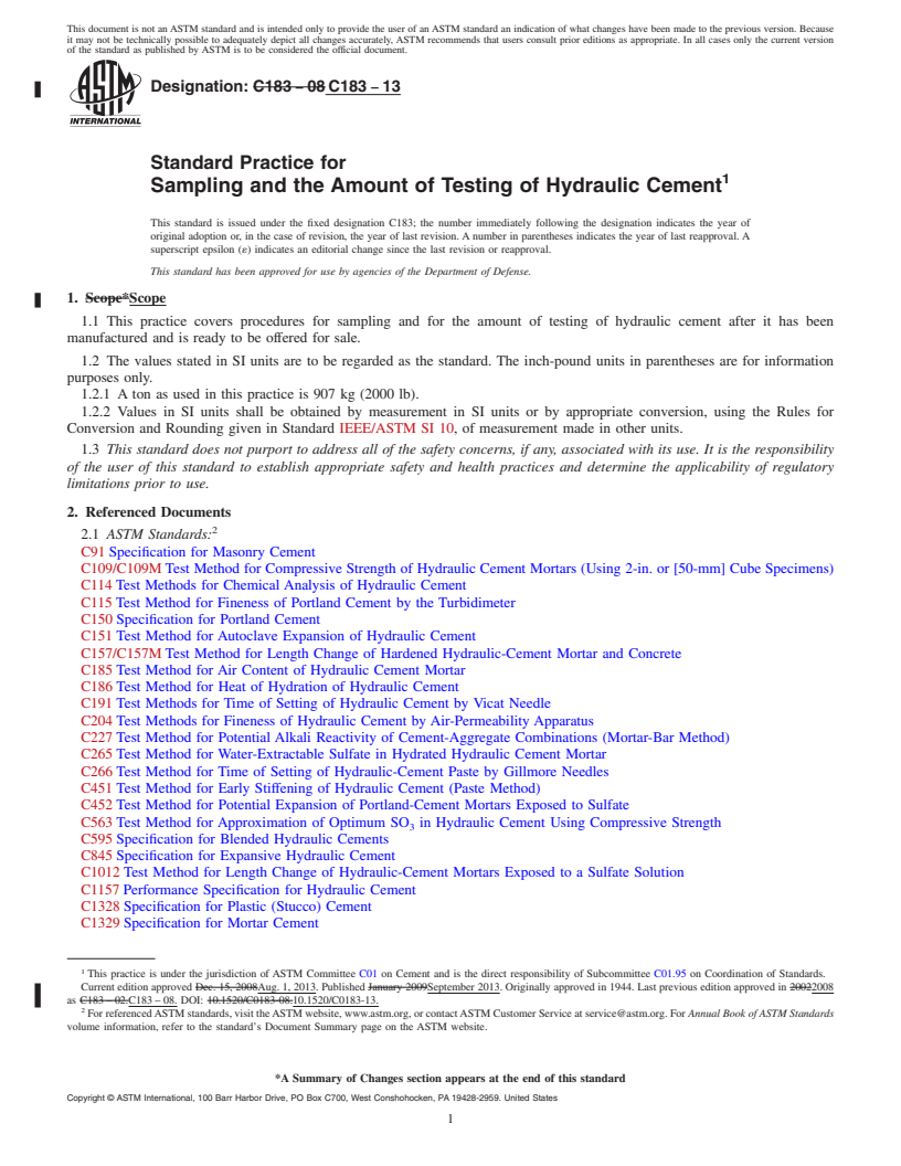 REDLINE ASTM C183-13 - Standard Practice for  Sampling and the Amount of Testing of Hydraulic Cement