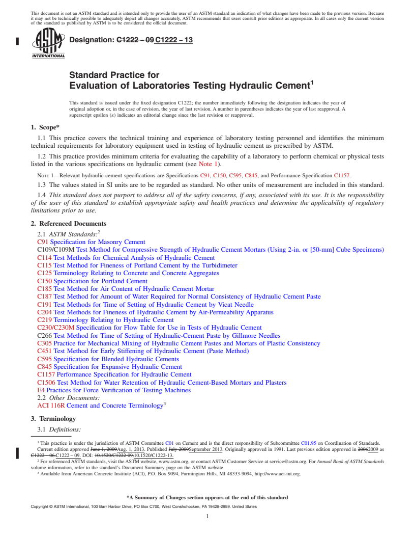 REDLINE ASTM C1222-13 - Standard Practice for  Evaluation of Laboratories Testing Hydraulic Cement