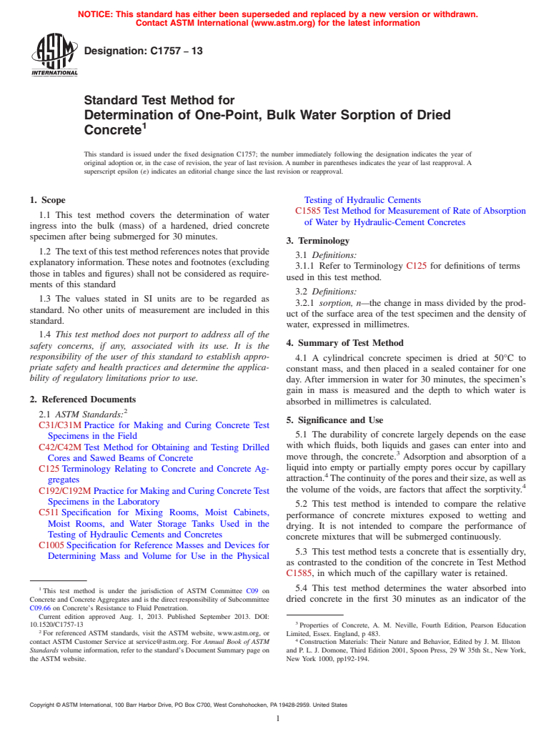 ASTM C1757-13 - Standard Test Method for &#65279;Determination of One-Point, Bulk Water Sorption of Dried Concrete (Withdrawn 2022)