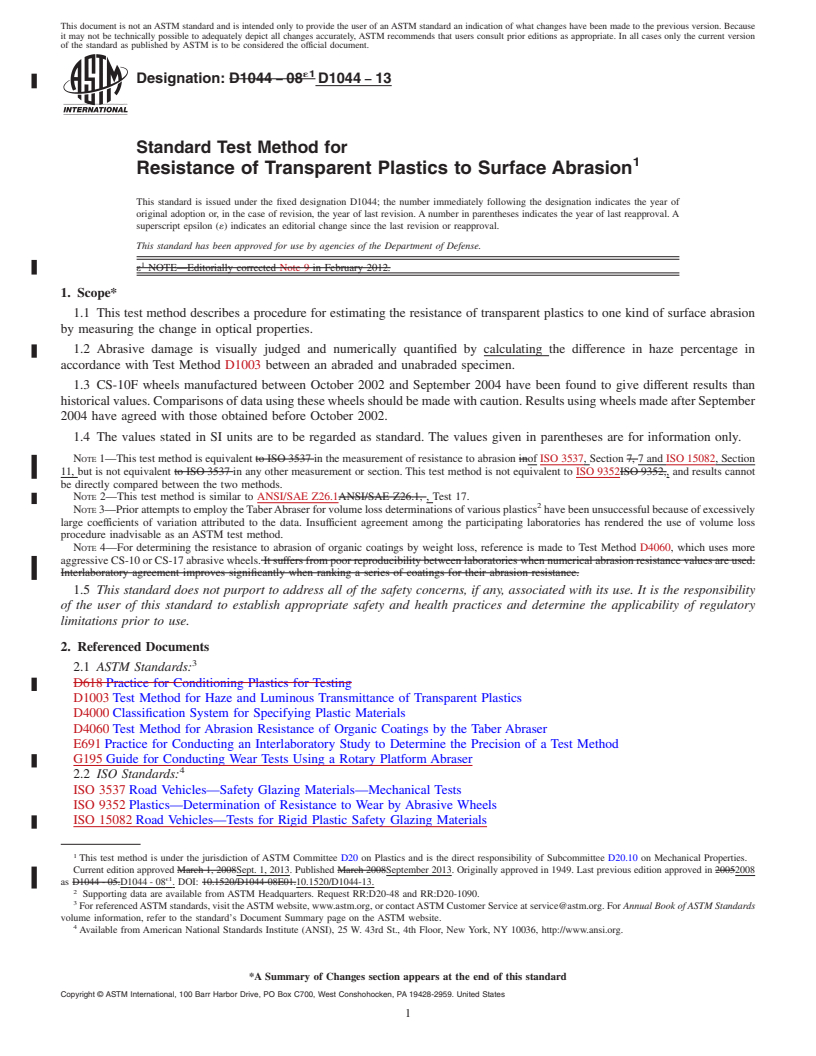 REDLINE ASTM D1044-13 - Standard Test Method for  Resistance of Transparent Plastics to Surface Abrasion