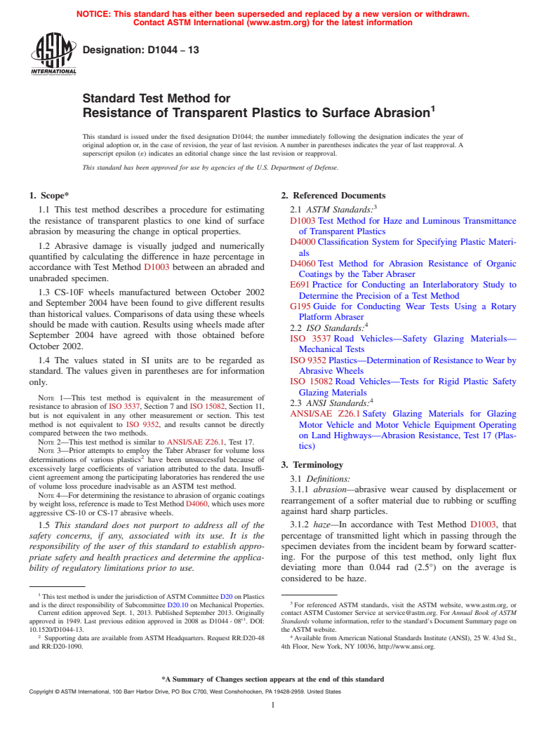 ASTM D1044-13 - Standard Test Method for  Resistance of Transparent Plastics to Surface Abrasion