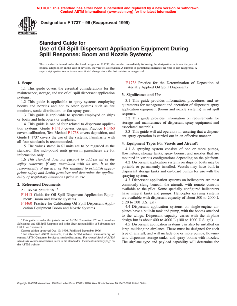 ASTM F1737-96(1999) - Standard Guide for Use of Oil Spill Dispersant Application Equipment During Spill Response: Boom and Nozzle Systems