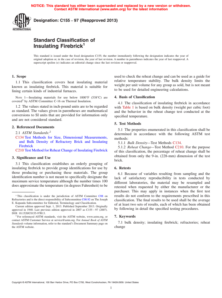 ASTM C155-97(2013) - Standard Classification of  Insulating Firebrick