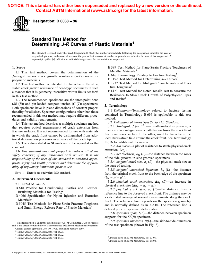 ASTM D6068-96 - Standard Test Method for Determining J-R Curves of Plastic Materials