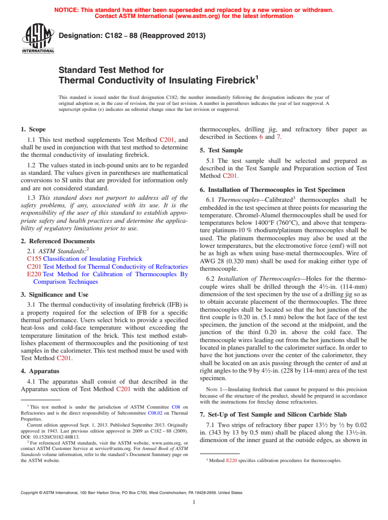 ASTM C182-88(2013) - Standard Test Method for  Thermal Conductivity of Insulating Firebrick