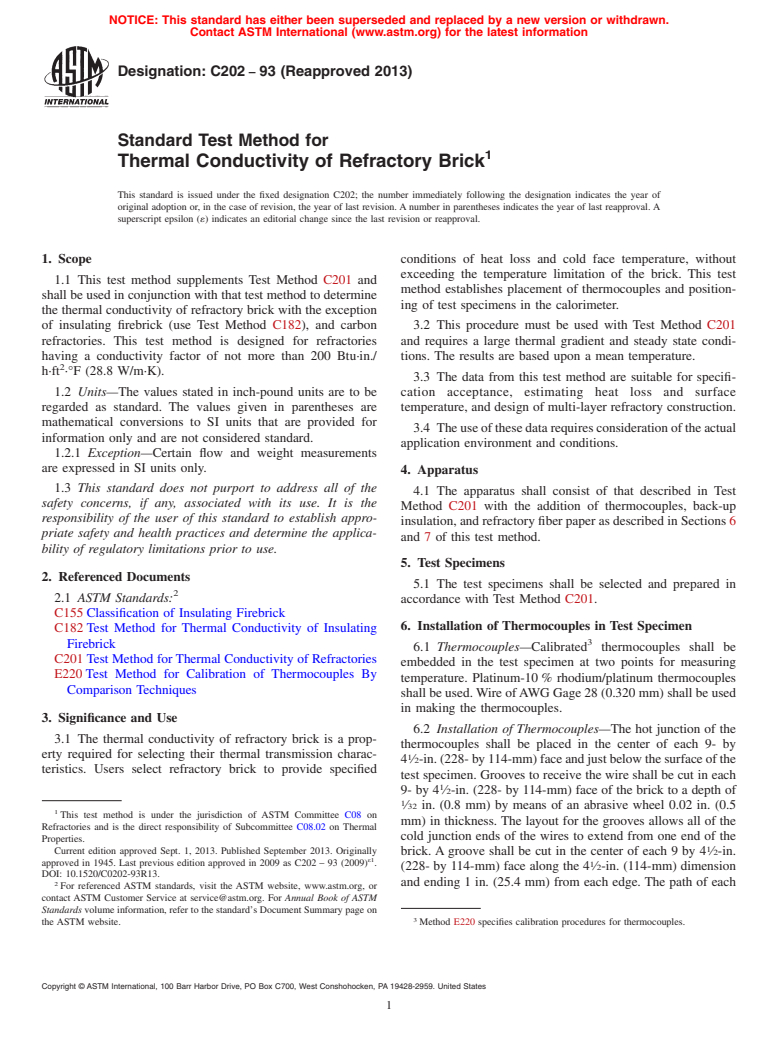 ASTM C202-93(2013) - Standard Test Method for  Thermal Conductivity of Refractory Brick