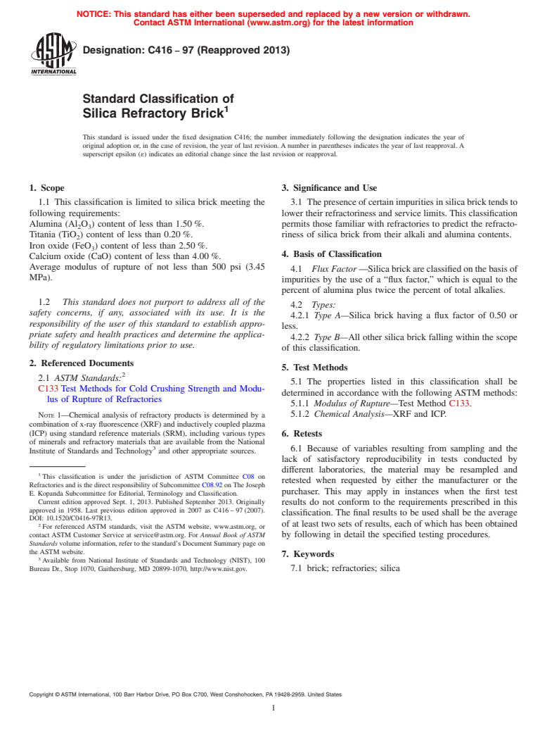 ASTM C416-97(2013) - Standard Classification of  Silica Refractory Brick