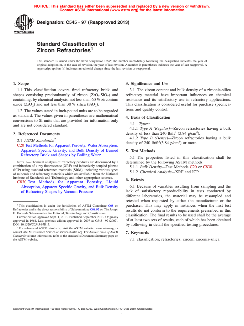 ASTM C545-97(2013) - Standard Classification of  Zircon Refractories