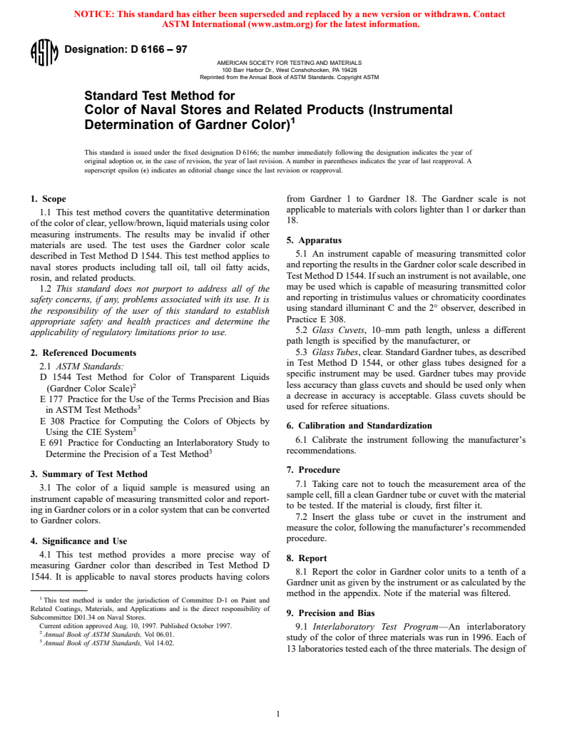 ASTM D6166-97 - Standard Test Method for Color of Naval Stores and Related Products (Instrumental Determination of Gardner Color)