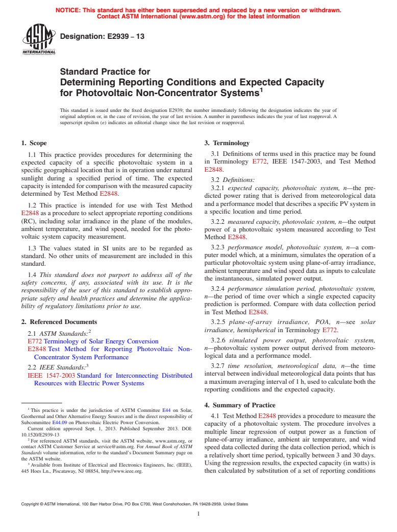 ASTM E2939-13 - Standard Practice for Determining Reporting Conditions and Expected Capacity for  Photovoltaic Non-Concentrator Systems