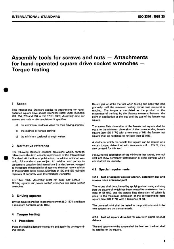 ISO 3316:1988 - Assembly tools for screws and nuts -- Attachments for hand-operated square drive socket wrenches -- Torque testing
