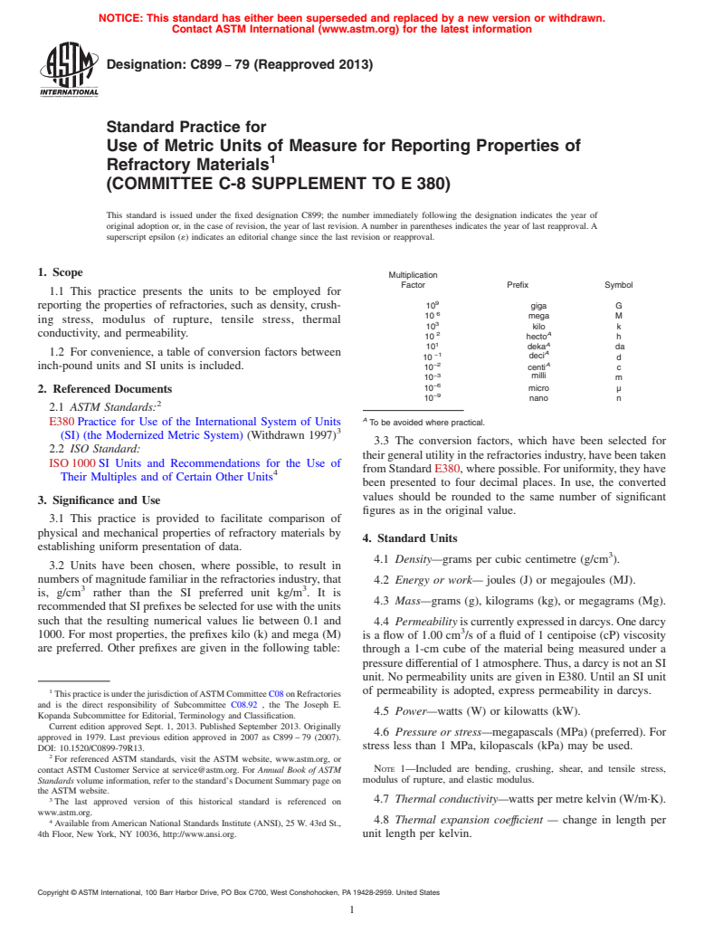 ASTM C899-79(2013) - Standard Practice for  Use of Metric Units of Measure for Reporting Properties of  Refractory Materials