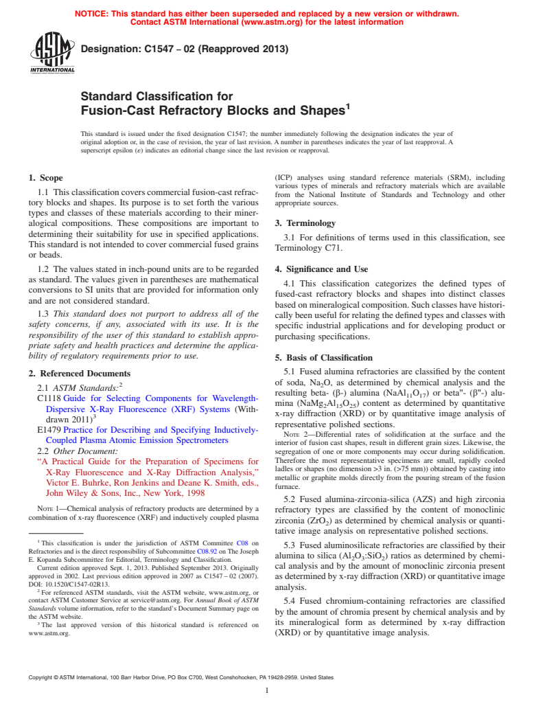 ASTM C1547-02(2013) - Standard Classification for  Fusion-Cast Refractory Blocks and Shapes