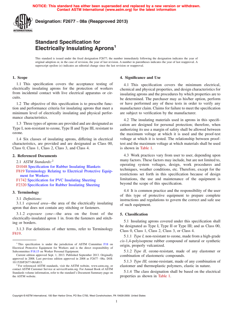 ASTM F2677-08a(2013) - Standard Specification for  Electrically Insulating Aprons