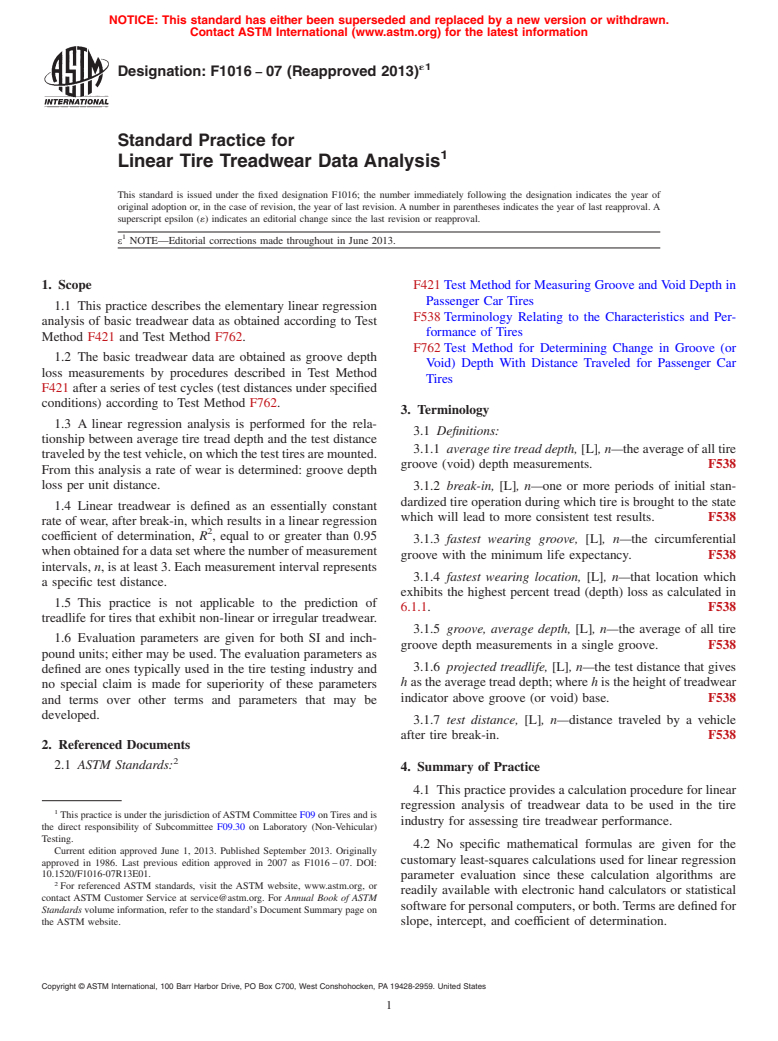 ASTM F1016-07(2013)e1 - Standard Practice for Linear Tire Treadwear Data Analysis