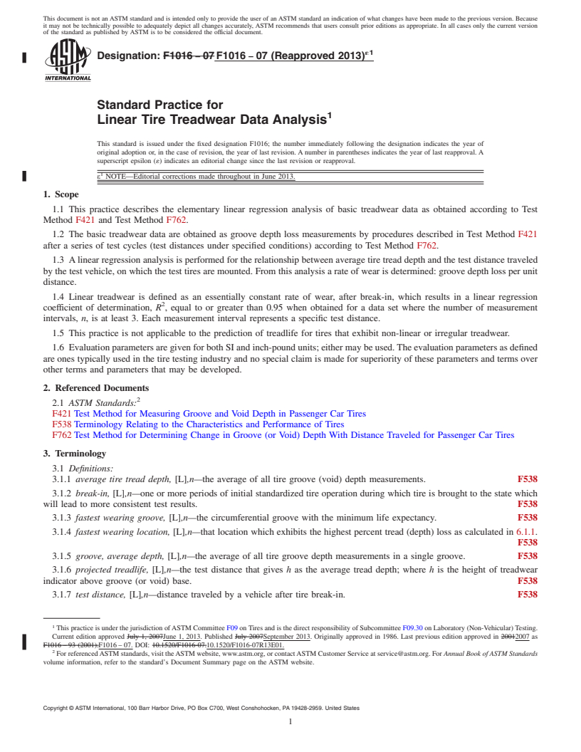 REDLINE ASTM F1016-07(2013)e1 - Standard Practice for Linear Tire Treadwear Data Analysis