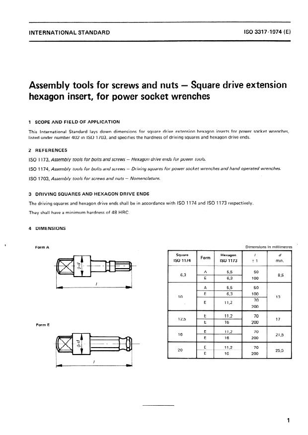 ISO 3317:1974 - Assembly tools for screws and nuts -- Square drive extension hexagon insert, for power socket wrenches