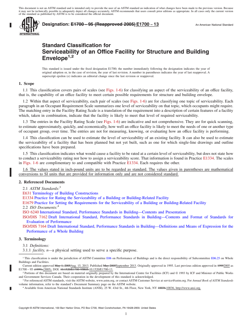 REDLINE ASTM E1700-13 - Standard Classification for  Serviceability of an Office Facility for Structure and Building  Envelope