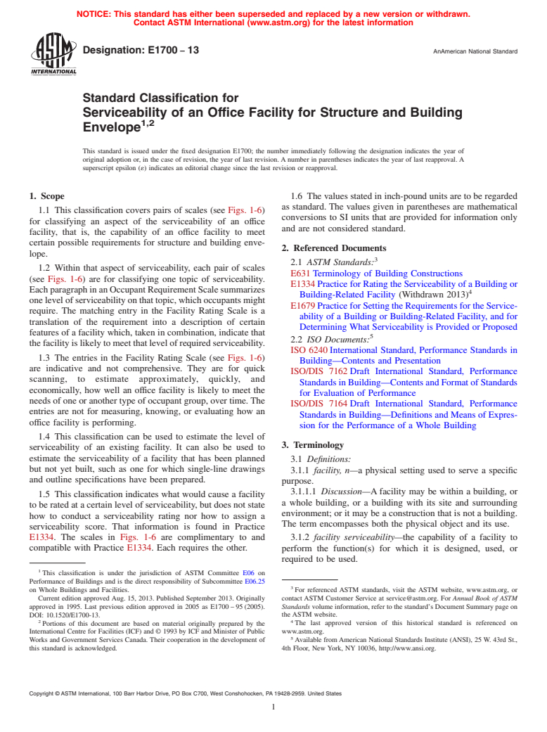 ASTM E1700-13 - Standard Classification for  Serviceability of an Office Facility for Structure and Building  Envelope