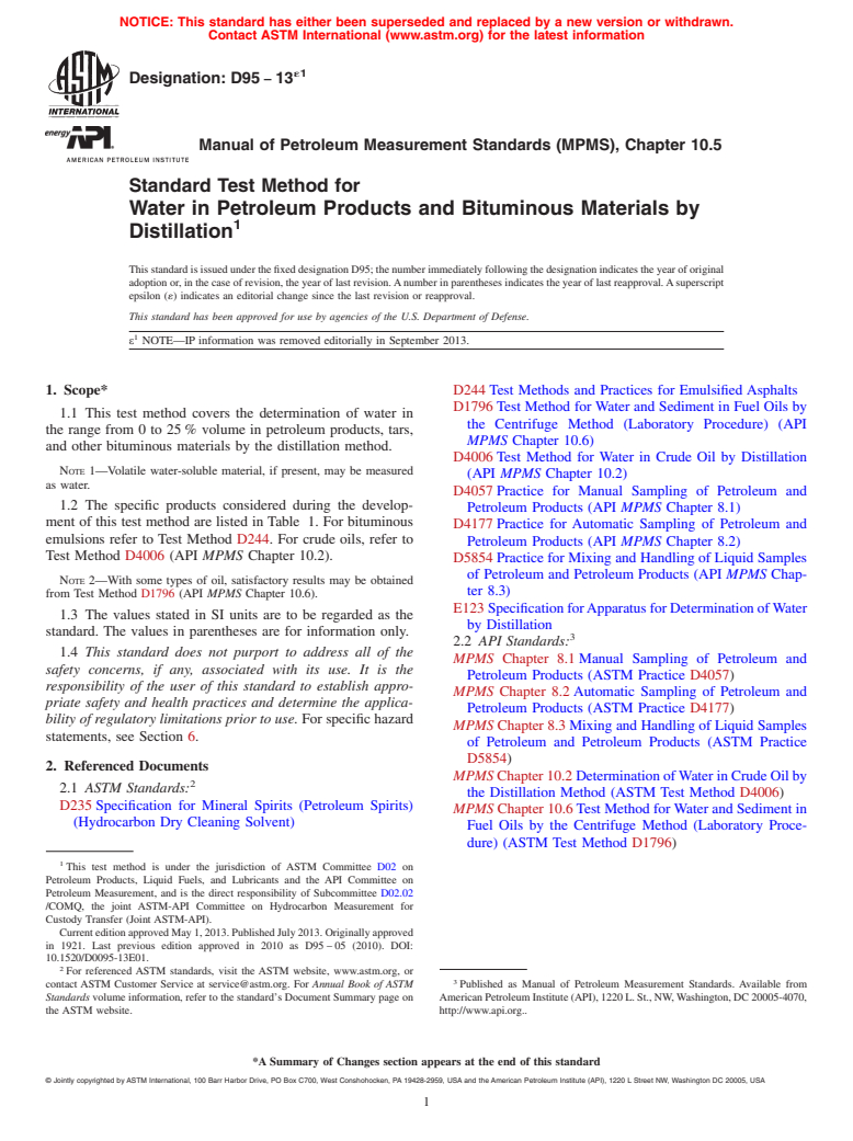 ASTM D95-13e1 - Standard Test Method for  Water in Petroleum Products and Bituminous Materials by Distillation