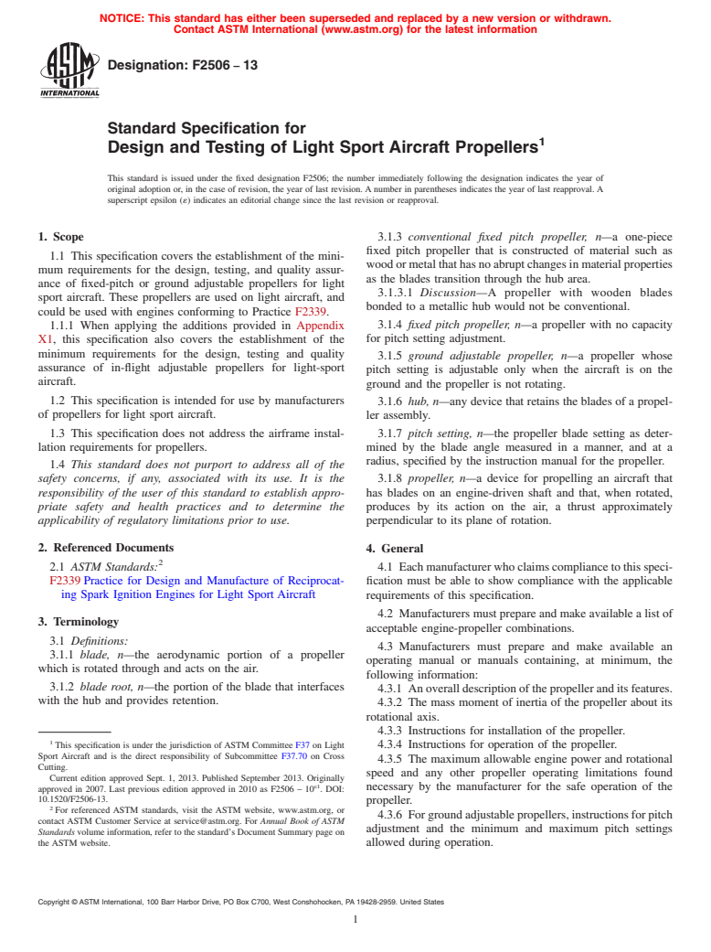 ASTM F2506-13 - Standard Specification for  Design and Testing of Light Sport Aircraft Propellers (Withdrawn 2022)