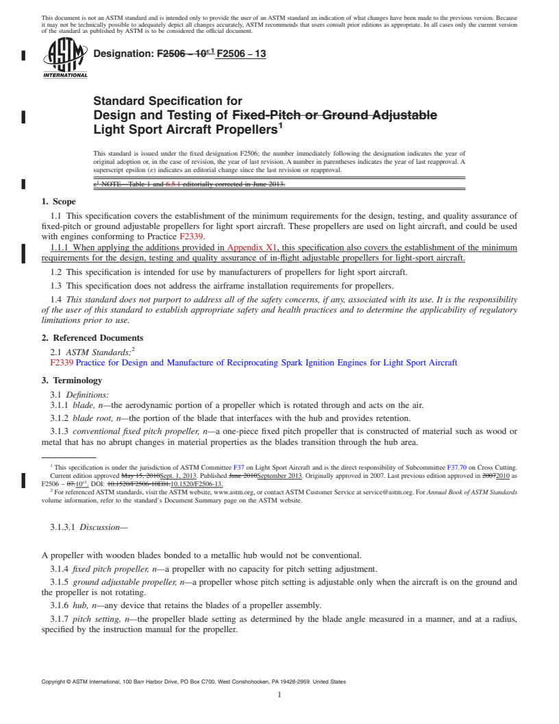 REDLINE ASTM F2506-13 - Standard Specification for  Design and Testing of Light Sport Aircraft Propellers (Withdrawn 2022)