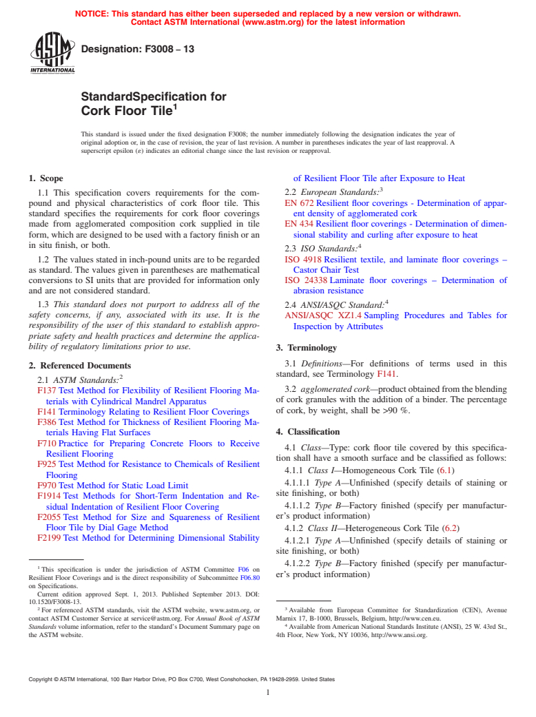ASTM F3008-13 - Standard Specification for Cork Floor Tile