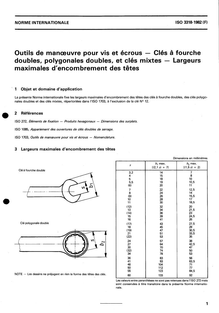 ISO 3318:1982 - Assembly tools for screws and nuts — Open-end double-head engineers' wrenches, double-head box wrenches and combination wrenches — Maximum widths of heads
Released:12/1/1982