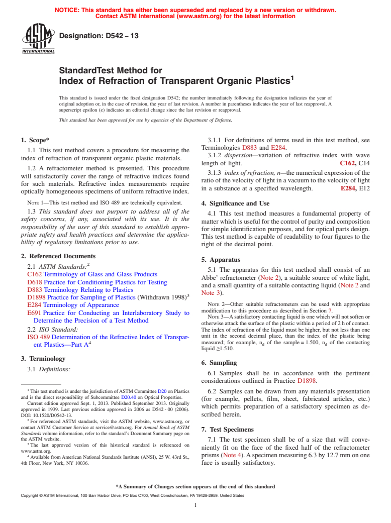 ASTM D542-13 - Standard Test Method for  Index of Refraction of Transparent Organic Plastics