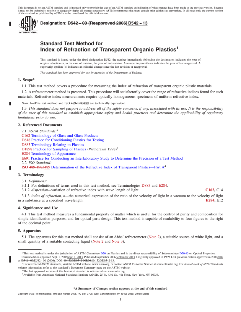 REDLINE ASTM D542-13 - Standard Test Method for  Index of Refraction of Transparent Organic Plastics