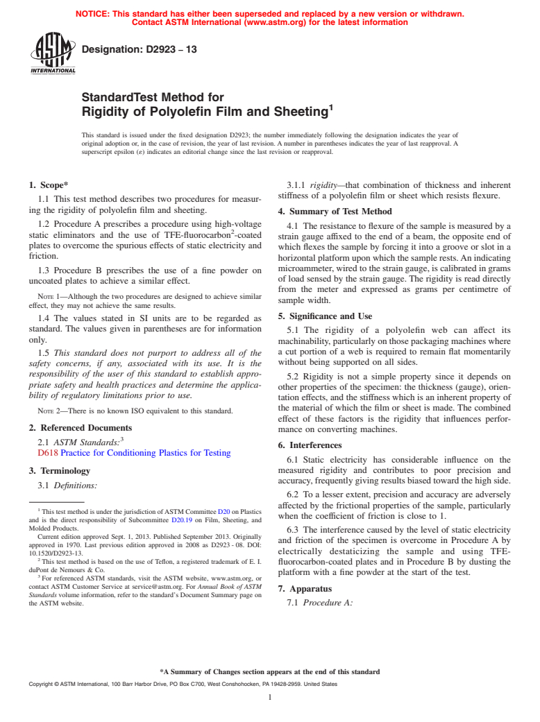 ASTM D2923-13 - Standard Test Method for  Rigidity of Polyolefin Film and Sheeting (Withdrawn 2015)