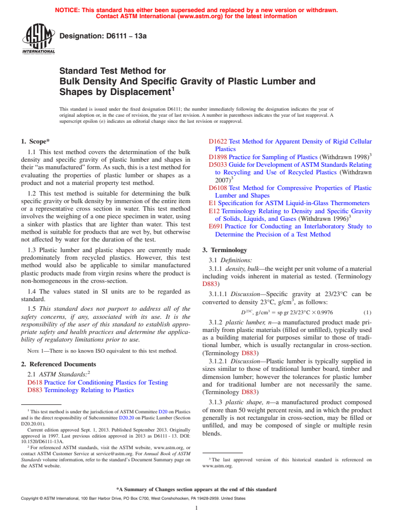 ASTM D6111-13a - Standard Test Method for Bulk Density And Specific Gravity of Plastic Lumber and Shapes  by Displacement